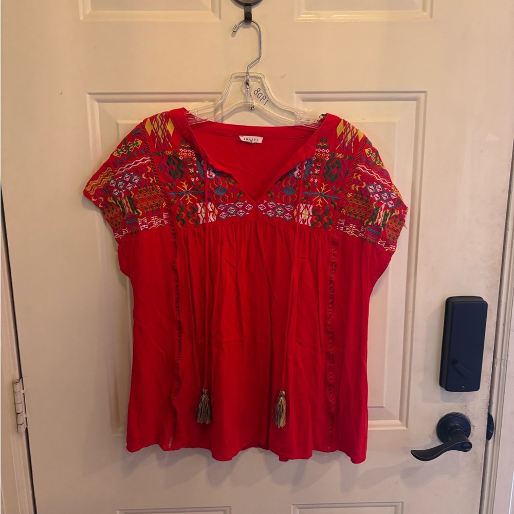 Anthropologie JODIFL Red Embroidered Boho Peasant Top - Picture 2 of 4